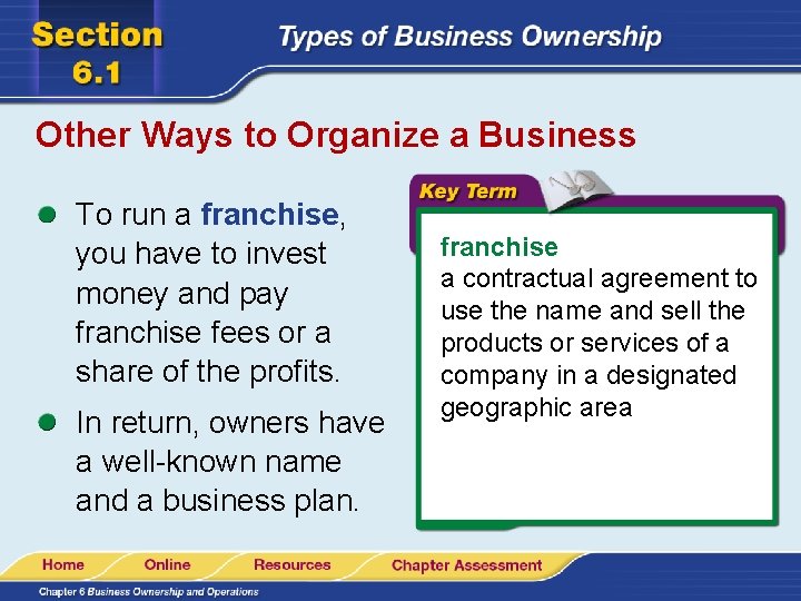 Other Ways to Organize a Business To run a franchise, you have to invest
