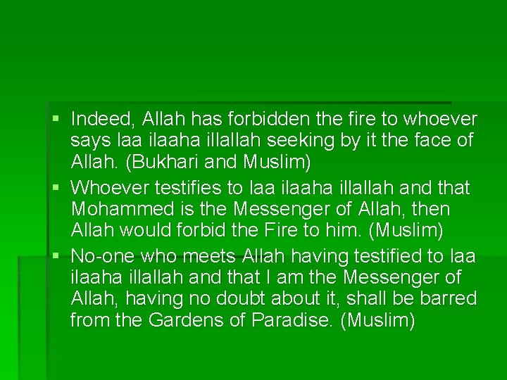 § Indeed, Allah has forbidden the fire to whoever says laa ilaaha illallah seeking