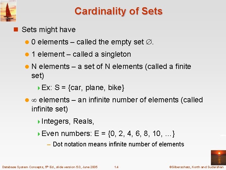 Cardinality of Sets n Sets might have l 0 elements – called the empty