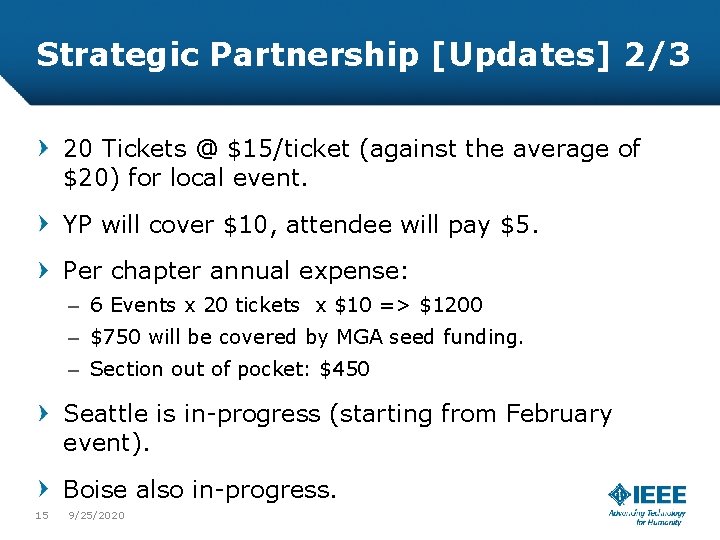 Strategic Partnership [Updates] 2/3 20 Tickets @ $15/ticket (against the average of $20) for