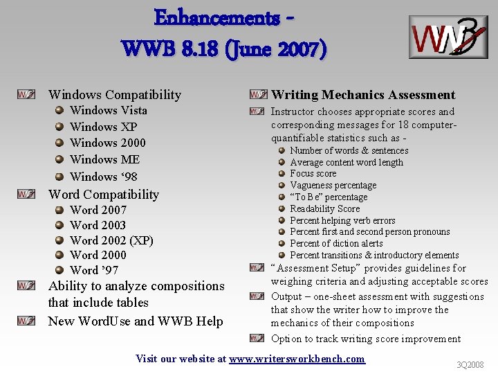 Enhancements WWB 8. 18 (June 2007) Windows Compatibility Windows Vista Windows XP Windows 2000
