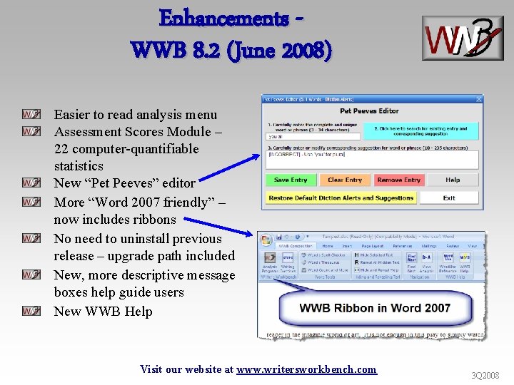 Enhancements WWB 8. 2 (June 2008) Easier to read analysis menu Assessment Scores Module