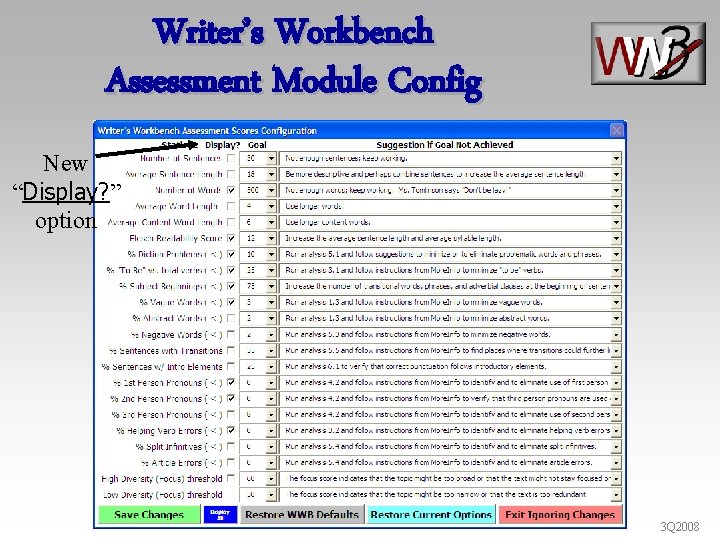 Writer’s Workbench Assessment Module Config New “Display? ” option 3 Q 2008 