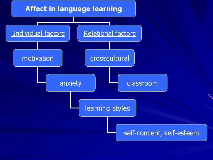 Affect in language learning Individual factors Relational factors motivation crosscultural anxiety classroom learning styles