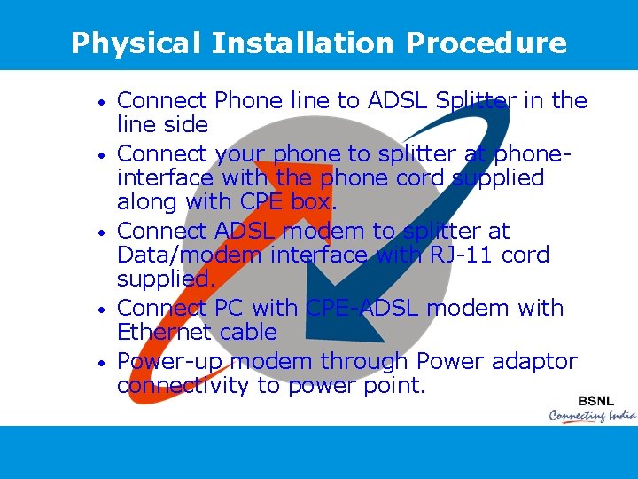 Physical Installation Procedure • • • Connect Phone line to ADSL Splitter in the