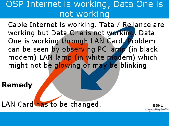 OSP Internet is working, Data One is not working Cable Internet is working. Tata