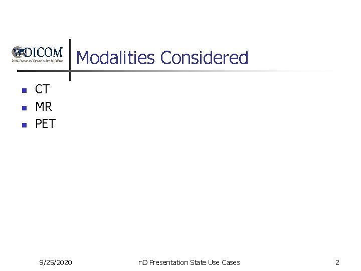 Modalities Considered n n n CT MR PET 9/25/2020 n. D Presentation State Use