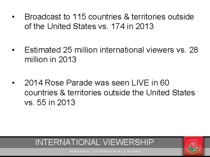  • Broadcast to 115 countries & territories outside of the United States vs.
