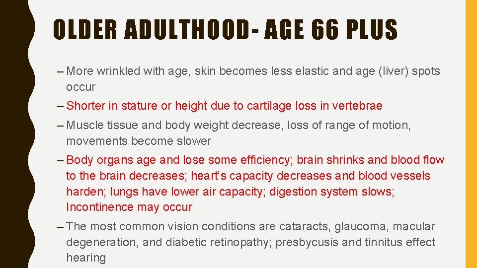 OLDER ADULTHOOD- AGE 66 PLUS – More wrinkled with age, skin becomes less elastic
