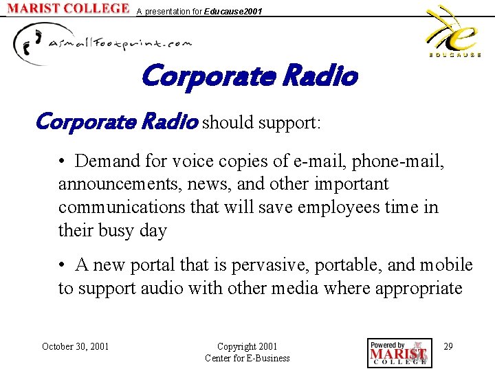 A presentation for Educause 2001 Corporate Radio should support: • Demand for voice copies
