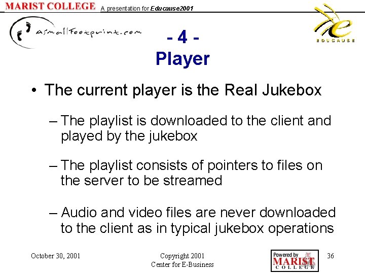 A presentation for Educause 2001 - 4 Player • The current player is the