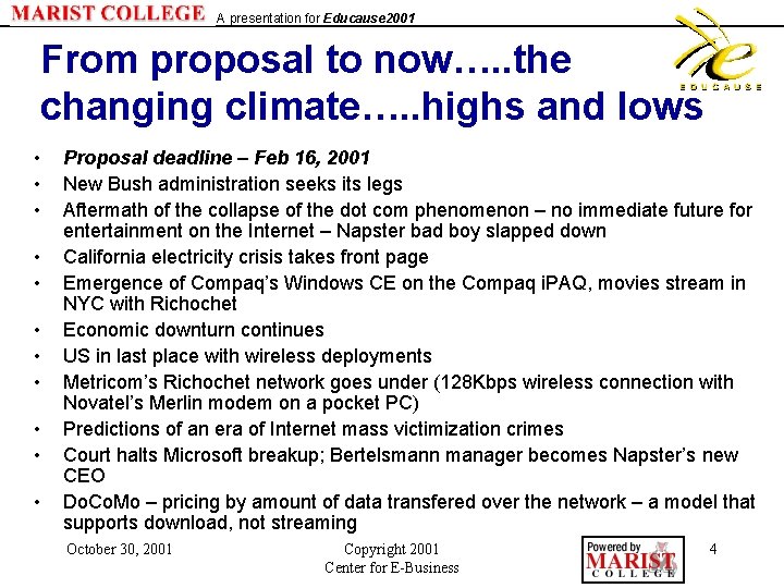 A presentation for Educause 2001 From proposal to now…. . the changing climate…. .