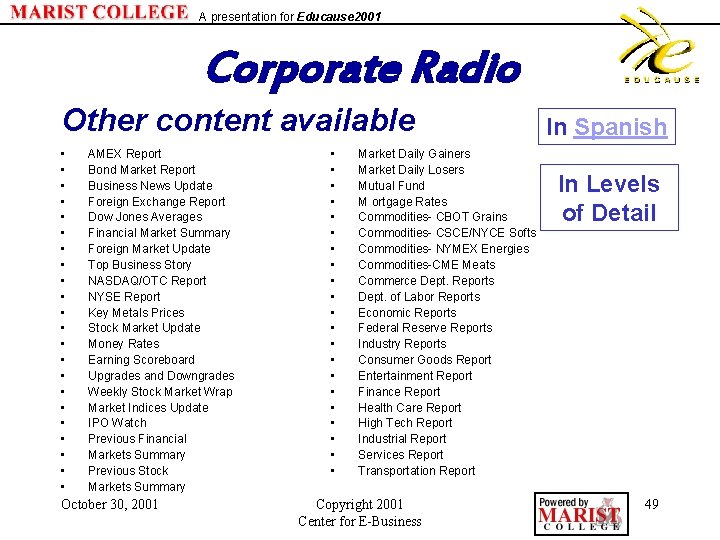 A presentation for Educause 2001 Corporate Radio Other content available • • • •