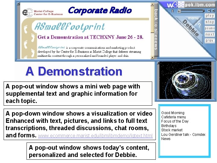 Corporate Radio A Demonstration A pop-out window shows a mini web page with supplemental