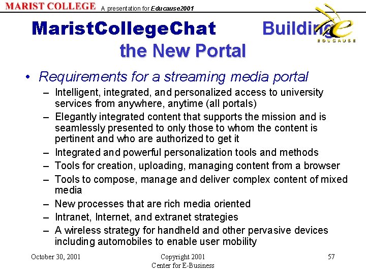 A presentation for Educause 2001 Marist. College. Chat Building the New Portal • Requirements