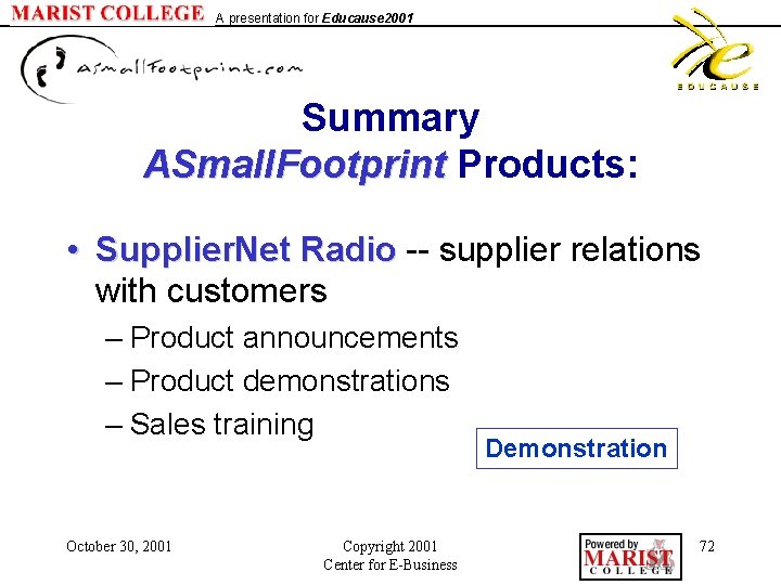 A presentation for Educause 2001 Summary ASmall. Footprint Products: • Supplier. Net Radio --