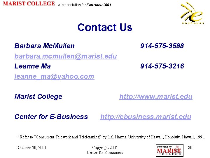 A presentation for Educause 2001 Contact Us Barbara Mc. Mullen barbara. mcmullen@marist. edu Leanne