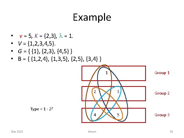 Example • • v = 5, K = {2, 3}, = 1. V =