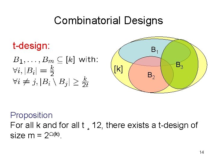Combinatorial Designs t-design: B 1 [k] B 3 B 2 Proposition For all k