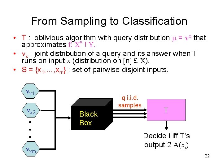 From Sampling to Classification q that • T : oblivious algorithm with query distribution