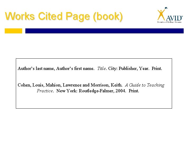 Works Cited Page (book) Author’s last name, Author’s first name. Title. City: Publisher, Year.
