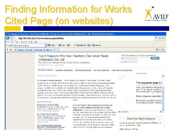Finding Information for Works Cited Page (on websites) http: //k 6 educators/classroommanagement/htm 