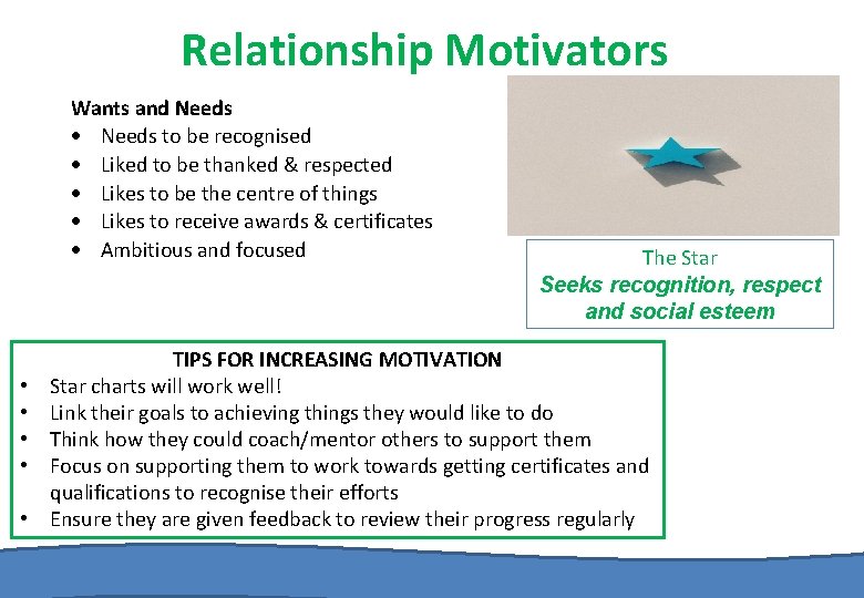 Relationship Motivators Wants and Needs to be recognised Liked to be thanked & respected