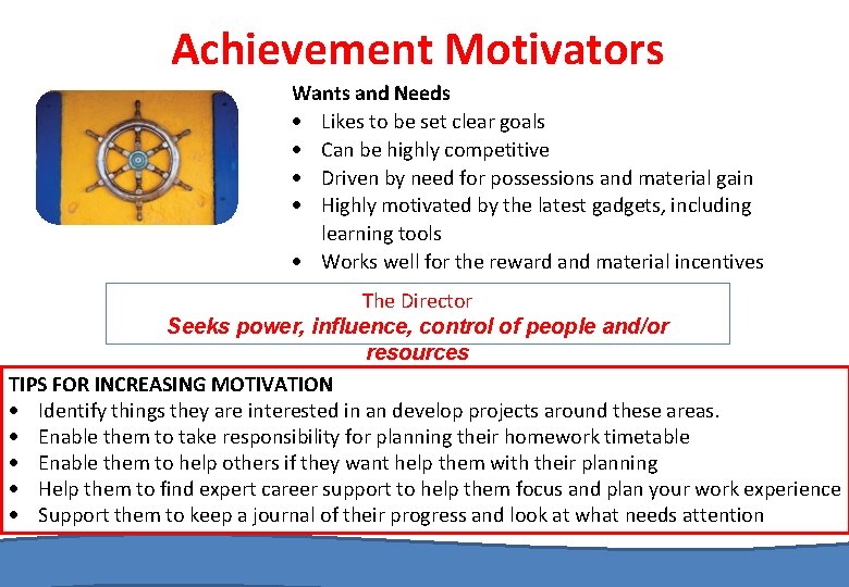 Achievement Motivators Wants and Needs Likes to be set clear goals Can be highly