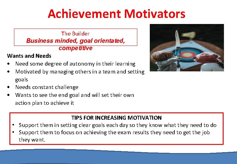 Achievement Motivators The Builder Business minded, goal orientated, competitive Wants and Needs Need some