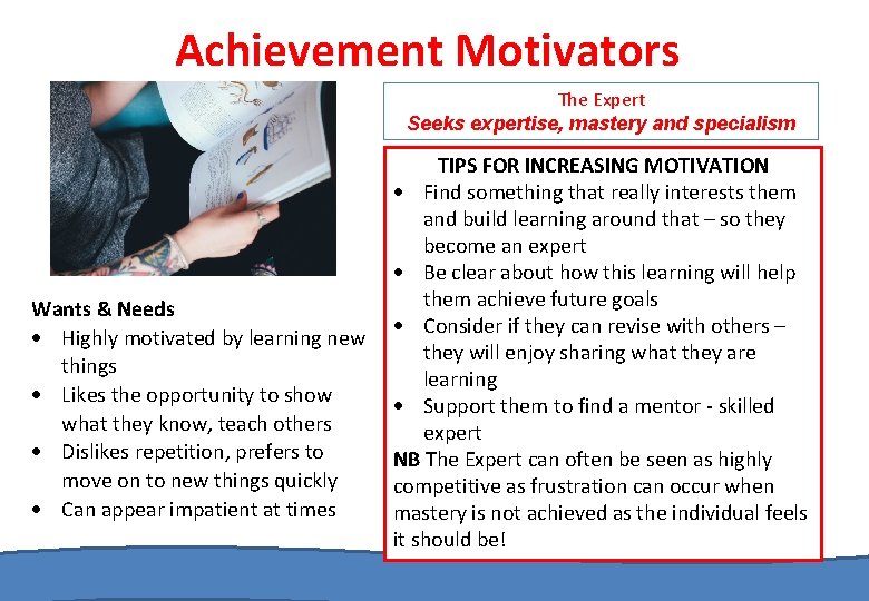 Achievement Motivators The Expert Seeks expertise, mastery and specialism Wants & Needs Highly motivated