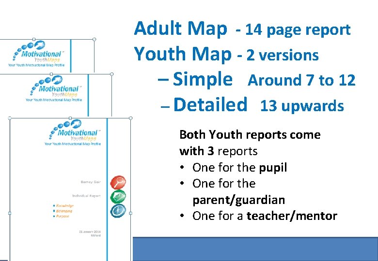  Adult Map - 14 page report Youth Map - 2 versions – Simple