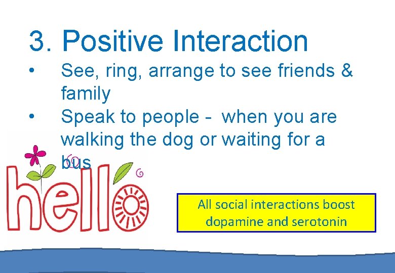 3. Positive Interaction • • See, ring, arrange to see friends & family Speak