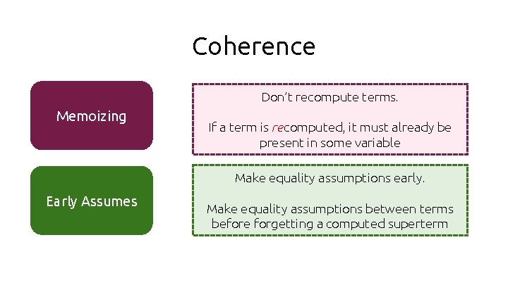 Coherence Don’t recompute terms. Memoizing If a term is recomputed, it must already be