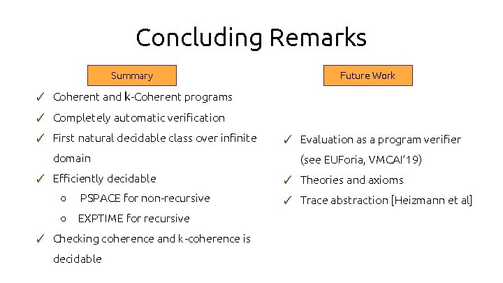 Concluding Remarks Summary Future Work ✓ Coherent and k-Coherent programs ✓ Completely automatic verification