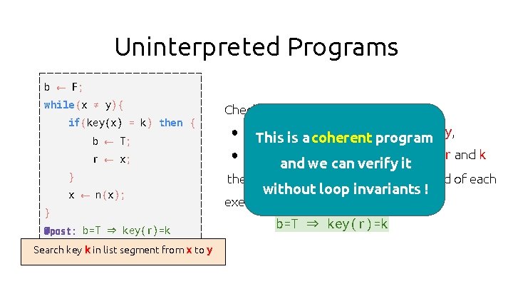 Uninterpreted Programs b ← F; while (x ≠ y){ if(key(x) = k) then {