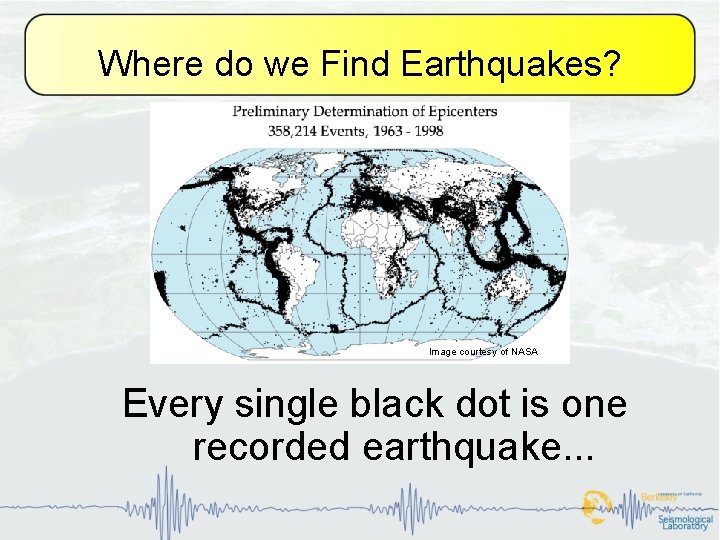 Where do we Find Earthquakes? Image courtesy of NASA Every single black dot is