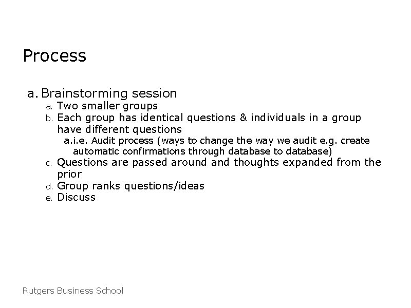 Process a. Brainstorming session a. b. Two smaller groups Each group has identical questions