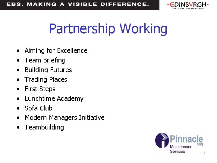 Partnership Working • • • Aiming for Excellence Team Briefing Building Futures Trading Places