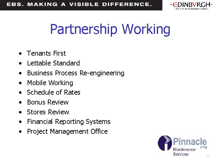 Partnership Working • • • Tenants First Lettable Standard Business Process Re-engineering Mobile Working