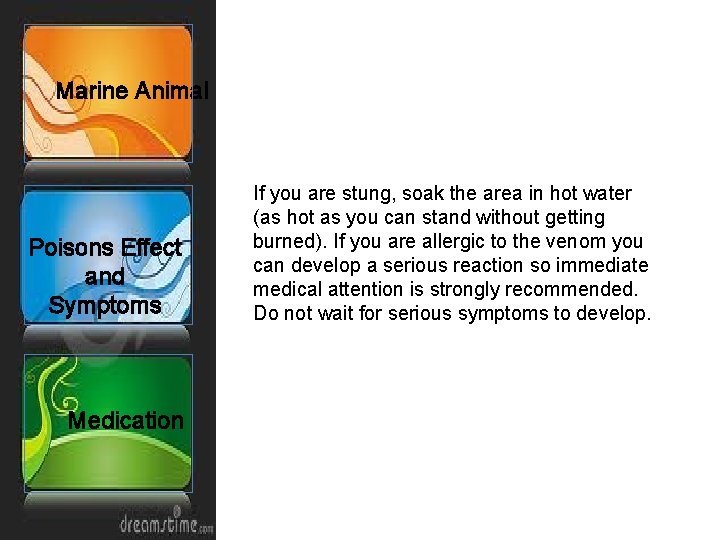 Marine Animal Poisons Effect and Symptoms Medication If you are stung, soak the area