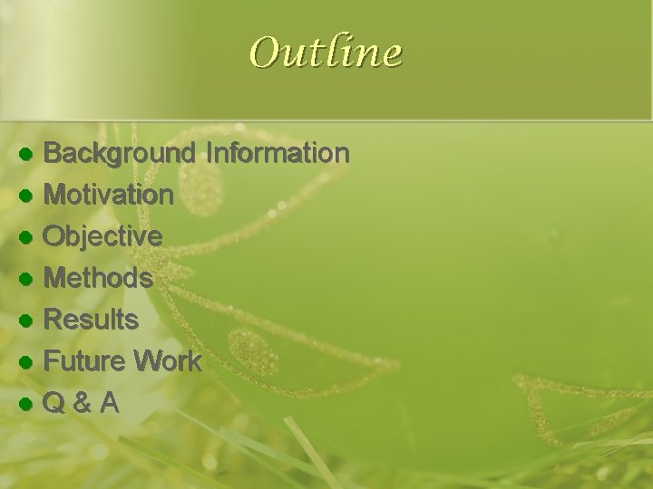 Outline Background Information l Motivation l Objective l Methods l Results l Future Work