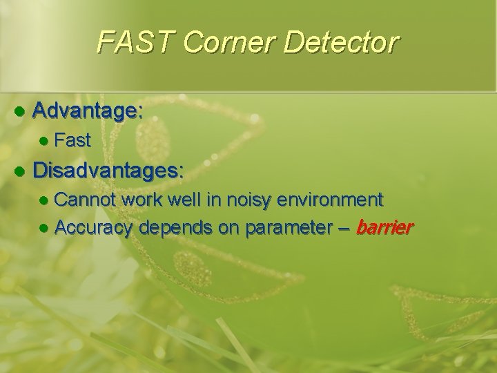 FAST Corner Detector l Advantage: l Fast l Disadvantages: l Cannot work well in