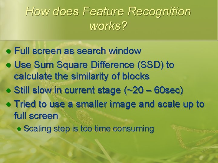 How does Feature Recognition works? Full screen as search window l Use Sum Square