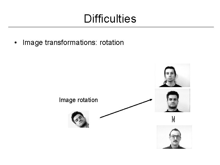 Difficulties • Image transformations: rotation Image rotation 