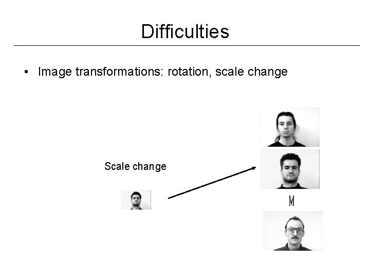 Difficulties • Image transformations: rotation, scale change Scale change 