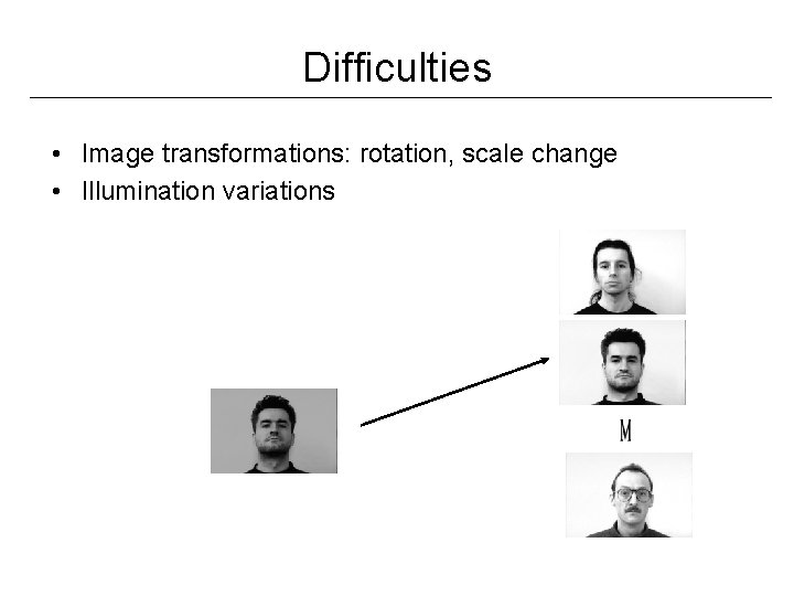 Difficulties • Image transformations: rotation, scale change • Illumination variations 