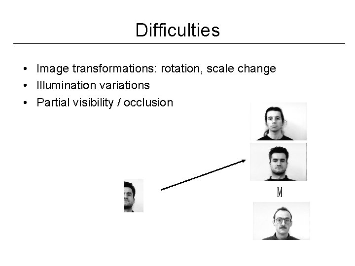 Difficulties • Image transformations: rotation, scale change • Illumination variations • Partial visibility /