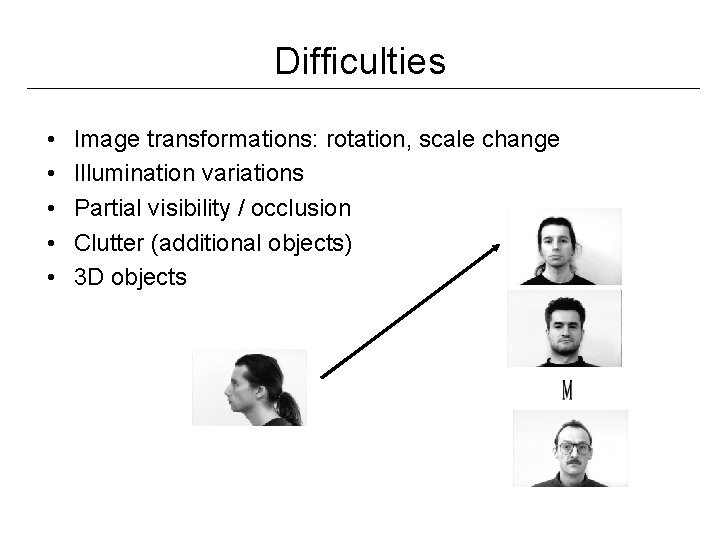 Difficulties • • • Image transformations: rotation, scale change Illumination variations Partial visibility /