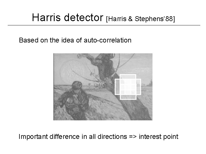 Harris detector [Harris & Stephens’ 88] Based on the idea of auto-correlation Important difference