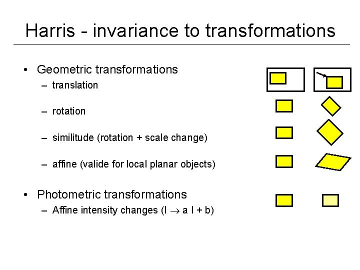 Harris - invariance to transformations • Geometric transformations – translation – rotation – similitude
